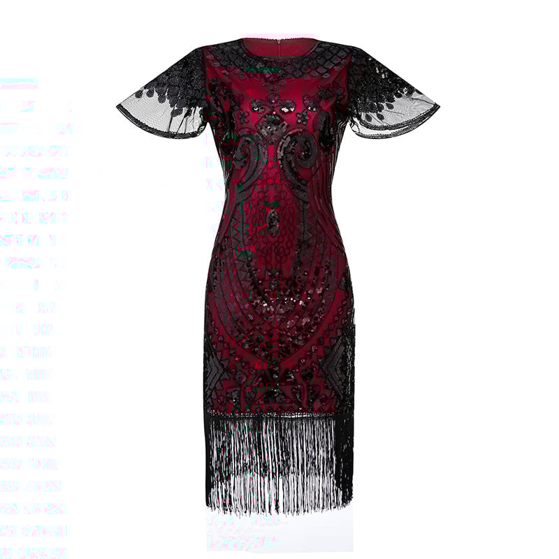 Рокля в стил Гатсби с мънисти и мрежест тъкан, къс ръкав, дълбоко V-деколте, пайети и ресни; полиестер/найлон смес, основна тъкан 50–70%, средна дължина на пола