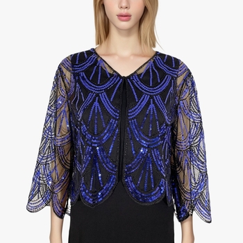 Cardigan scurt cu paiete pentru femei, tricot simplu, model în dungi, material poliester, broderie decorativă