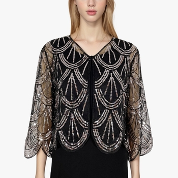Cardigan scurt cu paiete pentru femei, tricot simplu, model în dungi, material poliester, broderie decorativă