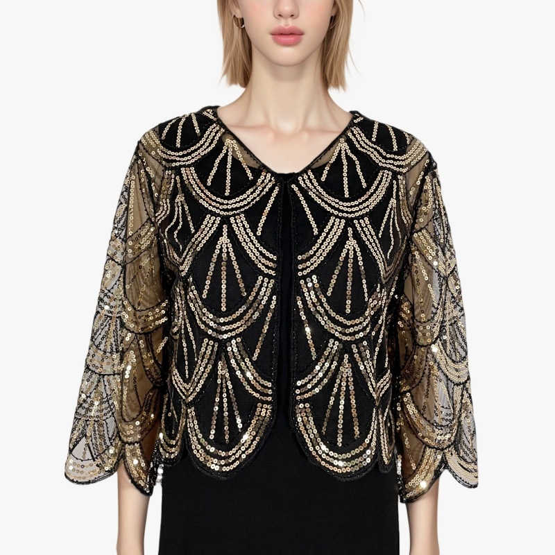 Cardigan scurt cu paiete pentru femei, tricot simplu, model în dungi, material poliester, broderie decorativă