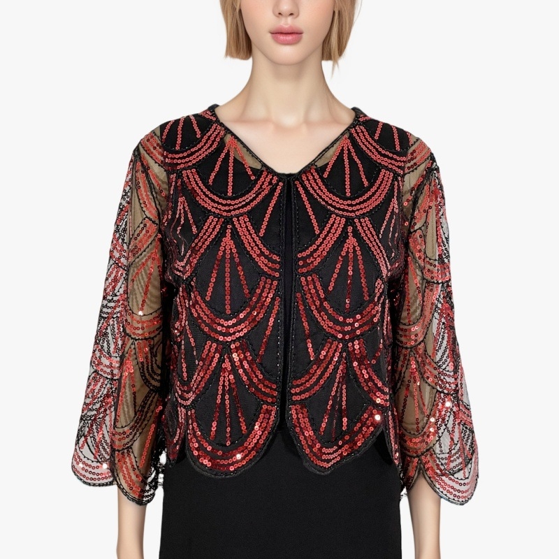 Cardigan scurt cu paiete pentru femei, tricot simplu, model în dungi, material poliester, broderie decorativă