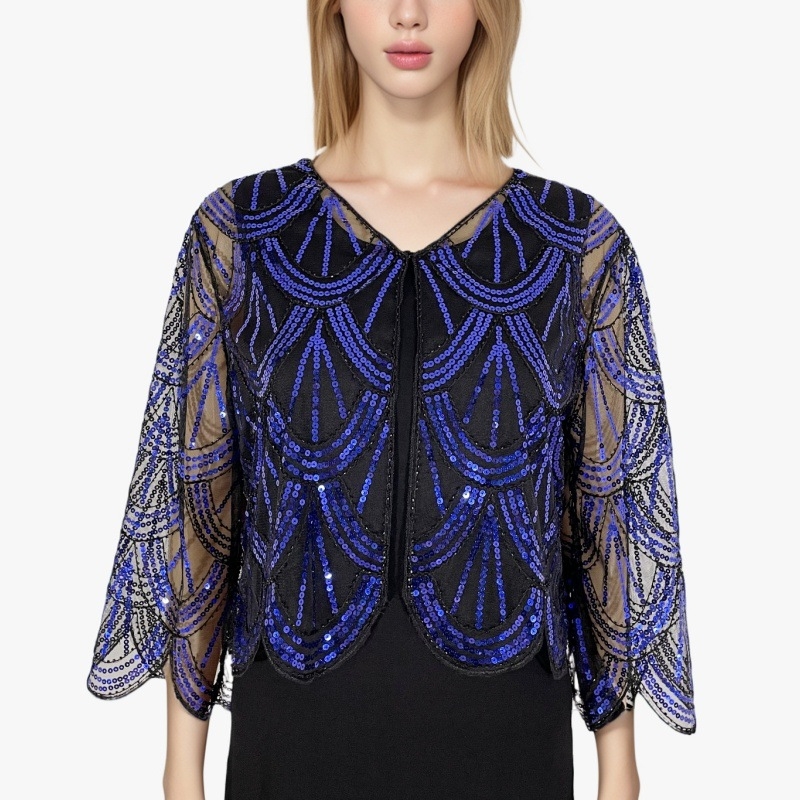Cardigan scurt cu paiete pentru femei, tricot simplu, model în dungi, material poliester, broderie decorativă