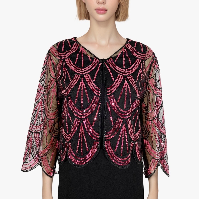 Cardigan scurt cu paiete pentru femei, tricot simplu, model în dungi, material poliester, broderie decorativă