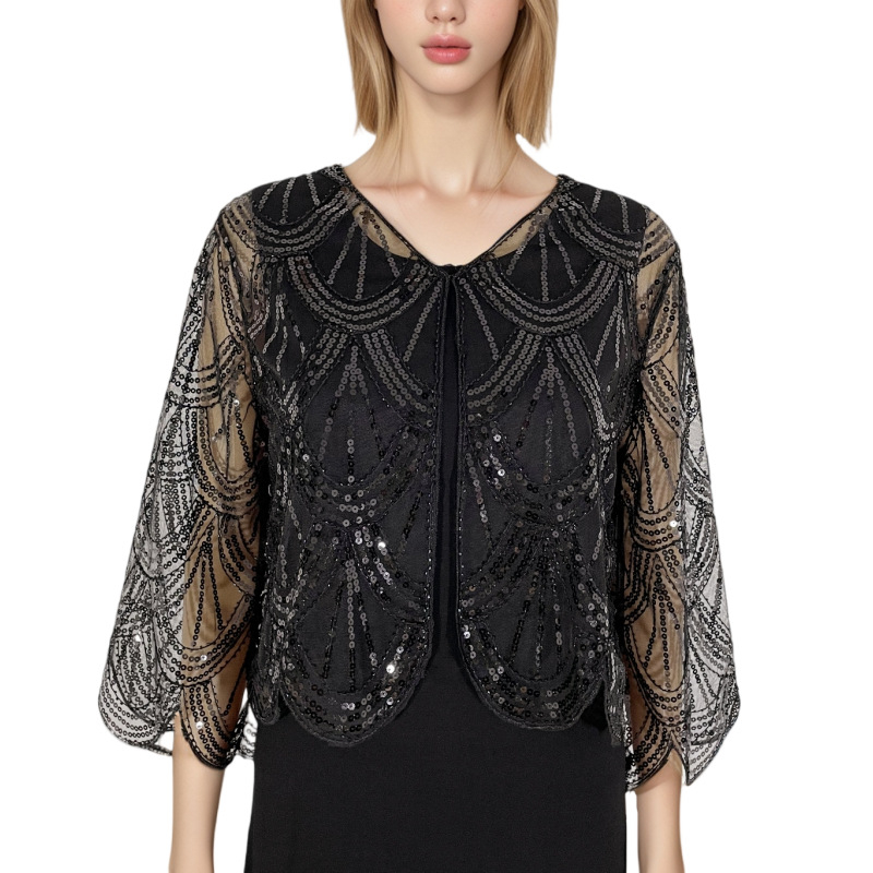 Cardigan scurt cu paiete pentru femei, tricot simplu, model în dungi, material poliester, broderie decorativă