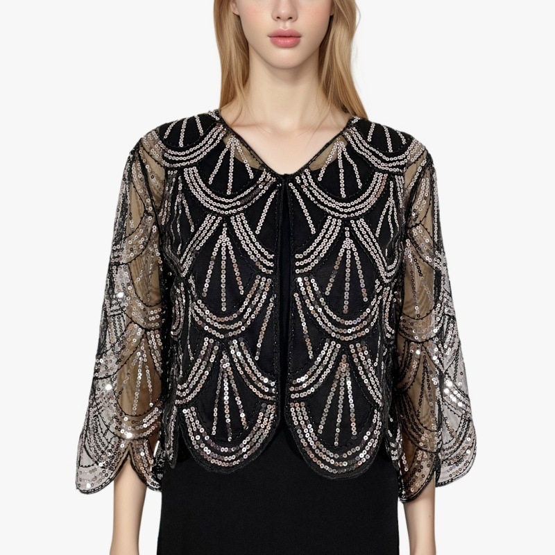 Cardigan scurt cu paiete pentru femei, tricot simplu, model în dungi, material poliester, broderie decorativă