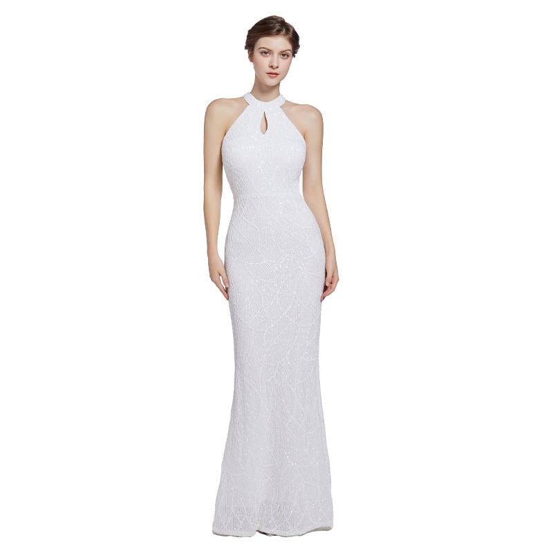Poliesterio blizgučiais siuvinėta formali vakarinė suknelė, midi ilgio, be rankovių, siauras liemuo, žuvies uodegos siluetas
