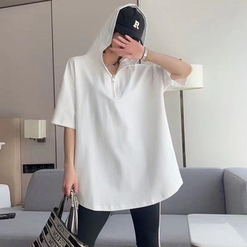 Tricou din bumbac cu glugă și fermoar, mâneci scurte, croială lejeră, 90–95% bumbac