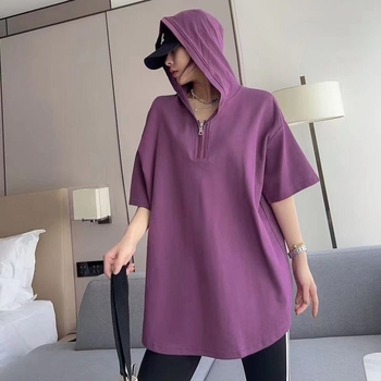 Tricou din bumbac cu glugă și fermoar, mâneci scurte, croială lejeră, 90–95% bumbac