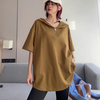 Tricou din bumbac cu glugă și fermoar, mâneci scurte, croială lejeră, 90–95% bumbac