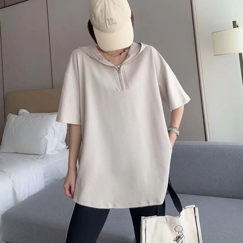 Tricou din bumbac cu glugă și fermoar, mâneci scurte, croială lejeră, 90–95% bumbac