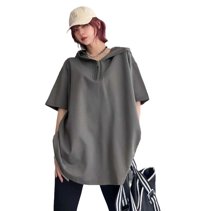 Tricou din bumbac cu glugă și fermoar, mâneci scurte, croială lejeră, 90–95% bumbac