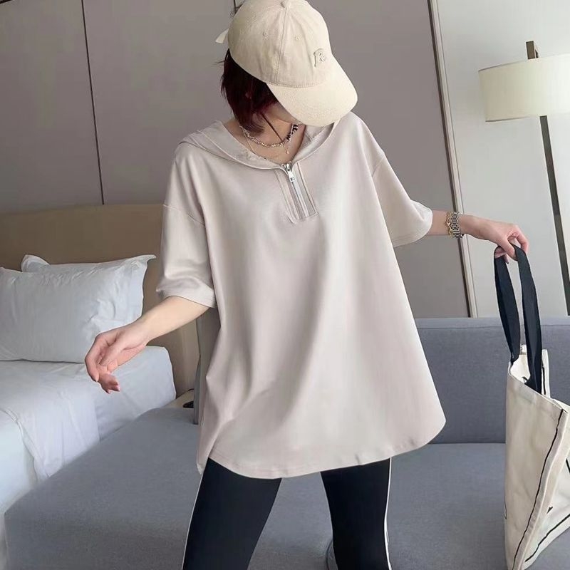 Tricou din bumbac cu glugă și fermoar, mâneci scurte, croială lejeră, 90–95% bumbac