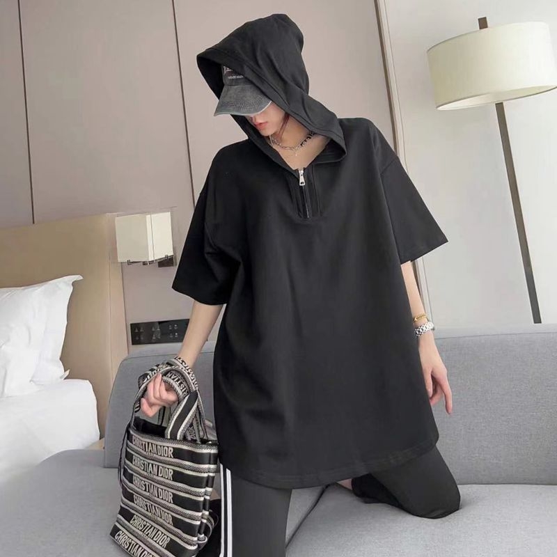Tricou din bumbac cu glugă și fermoar, mâneci scurte, croială lejeră, 90–95% bumbac