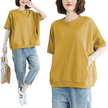 Tricou damă cu croială lejeră, mâneci scurte, guler rotund, amestec poliester