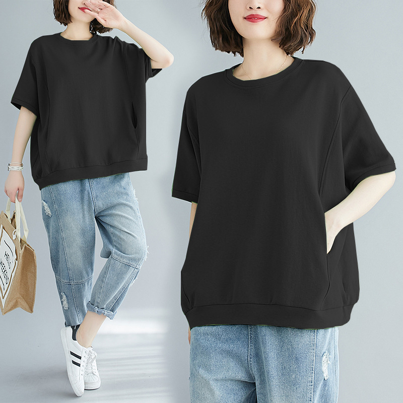 Tricou damă cu croială lejeră, mâneci scurte, guler rotund, amestec poliester