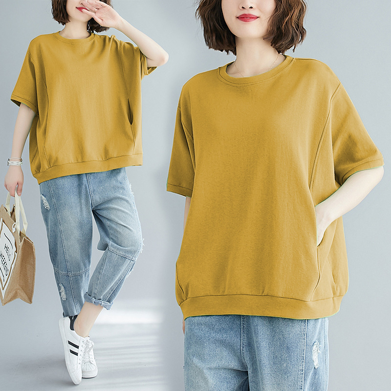 Tricou damă cu croială lejeră, mâneci scurte, guler rotund, amestec poliester