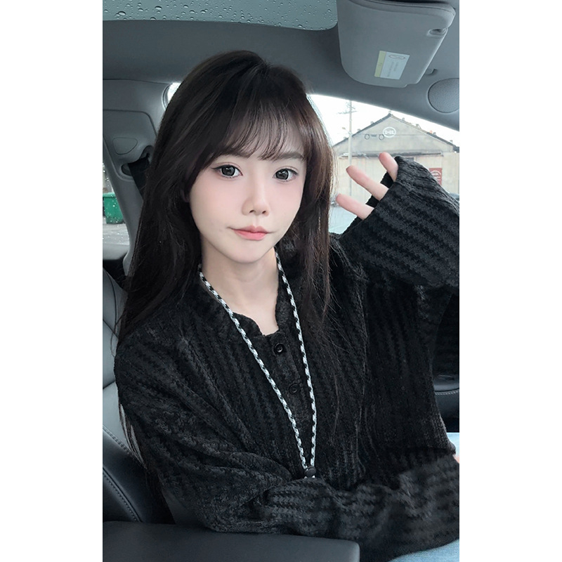 Μακρυμάνικη μπλούζα-T shirt με μοτίβο ψαριού-κόκκαλο, λαιμό τύπου Χένρι, επένδυση φλίς, ύφασμα Chenille, 100% πολυεστέρας