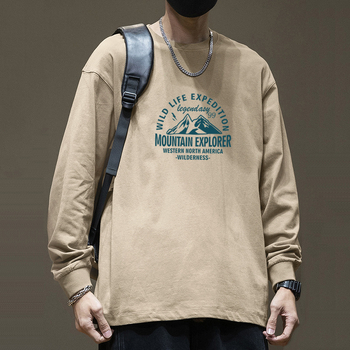 100% βαμβάκι μακρυμάνικη T-shirt με στρογγυρή λαιμόκοψη, τύπωμα με γράμματα, χαλαρή εφαρμογή