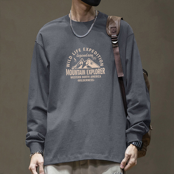 100% βαμβάκι μακρυμάνικη T-shirt με στρογγυρή λαιμόκοψη, τύπωμα με γράμματα, χαλαρή εφαρμογή