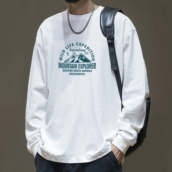 100% βαμβάκι μακρυμάνικη T-shirt με στρογγυρή λαιμόκοψη, τύπωμα με γράμματα, χαλαρή εφαρμογή