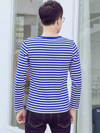 Μπλουζάκι Κορεάτικου στυλ από βαμβάκι με ριγέ, μακριά μανίκια, στρογγυλός λαιμός