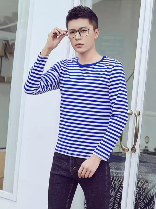 Μπλουζάκι Κορεάτικου στυλ από βαμβάκι με ριγέ, μακριά μανίκια, στρογγυλός λαιμός