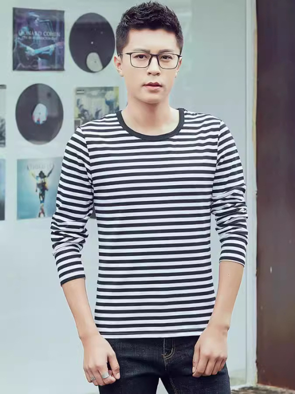 Μπλουζάκι Κορεάτικου στυλ από βαμβάκι με ριγέ, μακριά μανίκια, στρογγυλός λαιμός