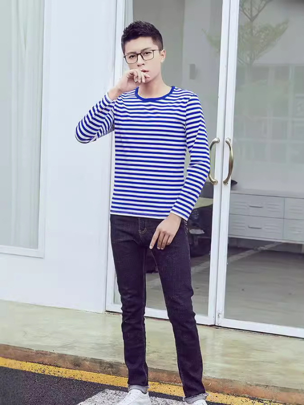 Μπλουζάκι Κορεάτικου στυλ από βαμβάκι με ριγέ, μακριά μανίκια, στρογγυλός λαιμός