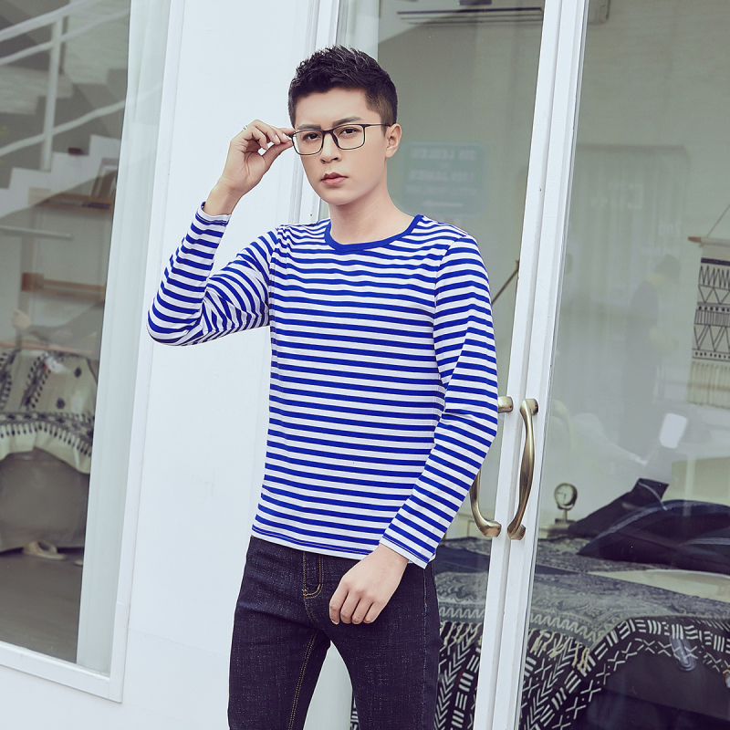 Μπλουζάκι Κορεάτικου στυλ από βαμβάκι με ριγέ, μακριά μανίκια, στρογγυλός λαιμός