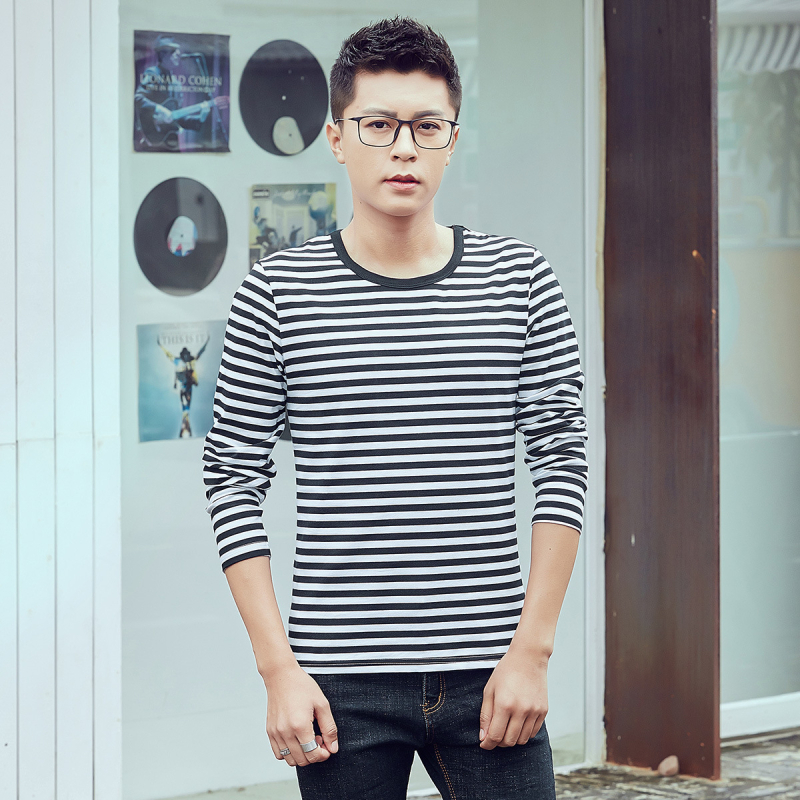 Μπλουζάκι Κορεάτικου στυλ από βαμβάκι με ριγέ, μακριά μανίκια, στρογγυλός λαιμός