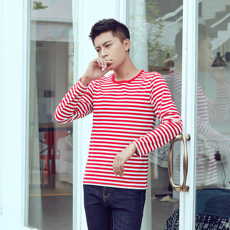 Μπλουζάκι Κορεάτικου στυλ από βαμβάκι με ριγέ, μακριά μανίκια, στρογγυλός λαιμός