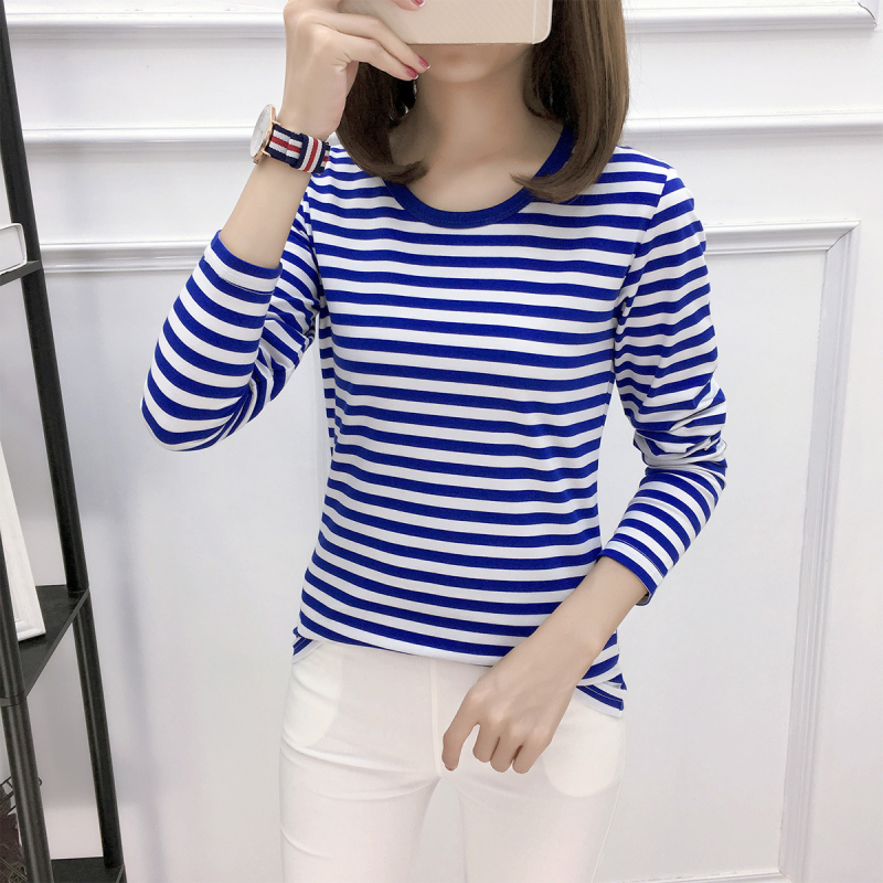 Μπλουζάκι Κορεάτικου στυλ από βαμβάκι με ριγέ, μακριά μανίκια, στρογγυλός λαιμός