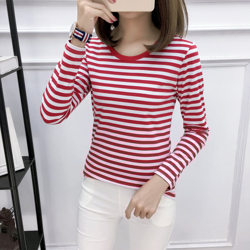 Μπλουζάκι Κορεάτικου στυλ από βαμβάκι με ριγέ, μακριά μανίκια, στρογγυλός λαιμός