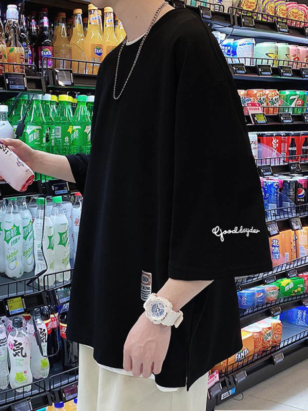 Μπλουζάκι με ιαπωνικό ρετρό στιλ, μοτίβο με γράμματα, πολυεστέρας, κέντημα