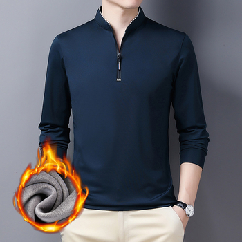 Ανδρική T-shirt με σταθερό γιακά, μακριά μανίκια, επένδυση φλίς, χειμωνιάτικη, στενή γραμμή, βαμβακοπολυεστέρα ύφασμα
