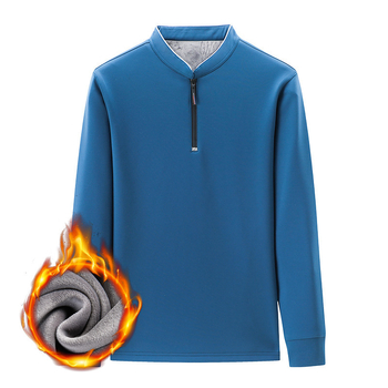 Ανδρική T-shirt με σταθερό γιακά, μακριά μανίκια, επένδυση φλίς, χειμωνιάτικη, στενή γραμμή, βαμβακοπολυεστέρα ύφασμα