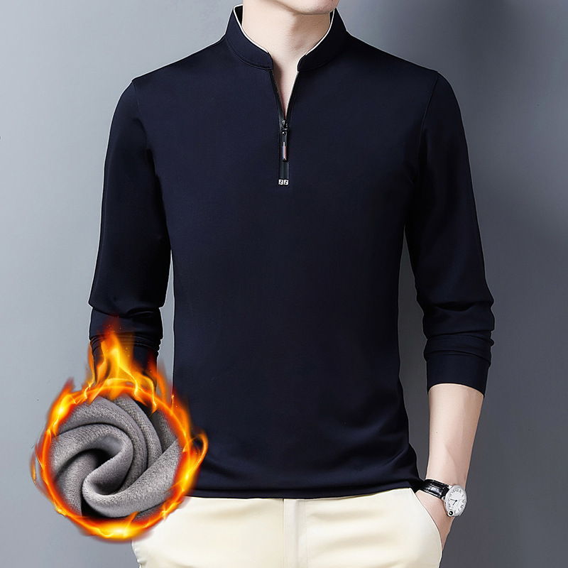 Ανδρική T-shirt με σταθερό γιακά, μακριά μανίκια, επένδυση φλίς, χειμωνιάτικη, στενή γραμμή, βαμβακοπολυεστέρα ύφασμα