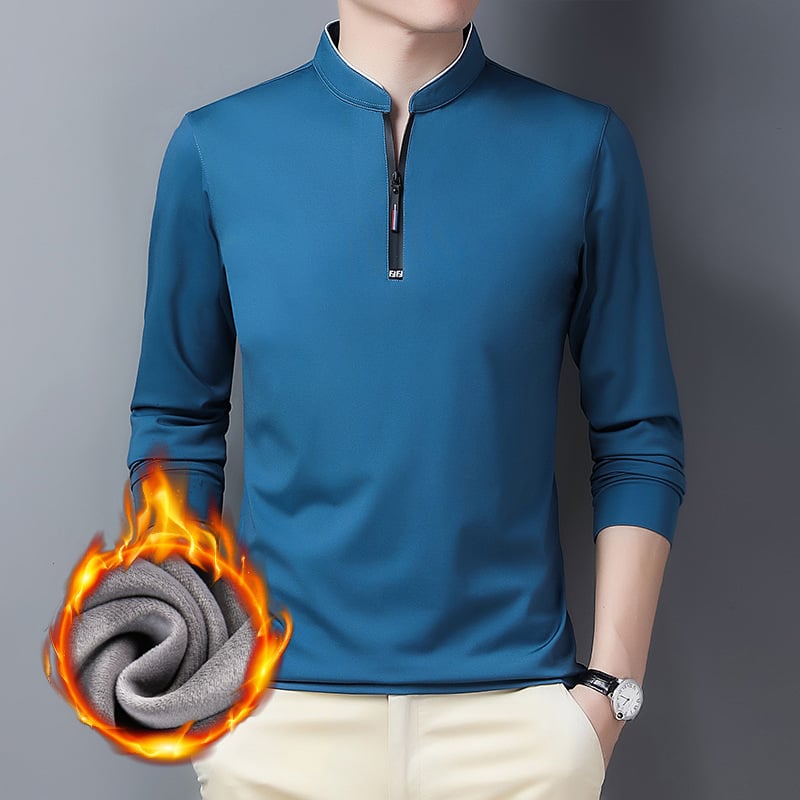 Ανδρική T-shirt με σταθερό γιακά, μακριά μανίκια, επένδυση φλίς, χειμωνιάτικη, στενή γραμμή, βαμβακοπολυεστέρα ύφασμα