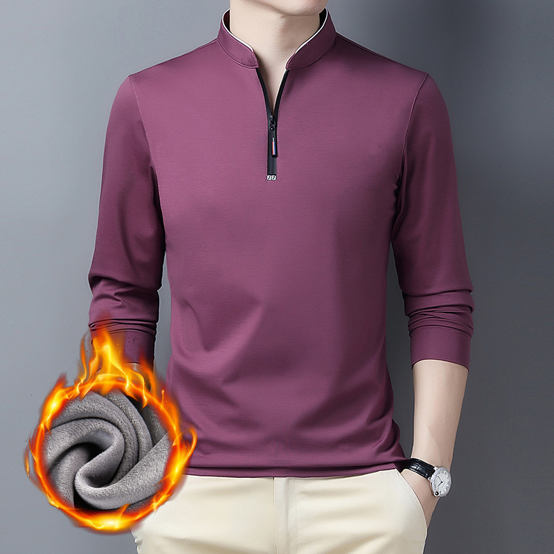 Ανδρική T-shirt με σταθερό γιακά, μακριά μανίκια, επένδυση φλίς, χειμωνιάτικη, στενή γραμμή, βαμβακοπολυεστέρα ύφασμα