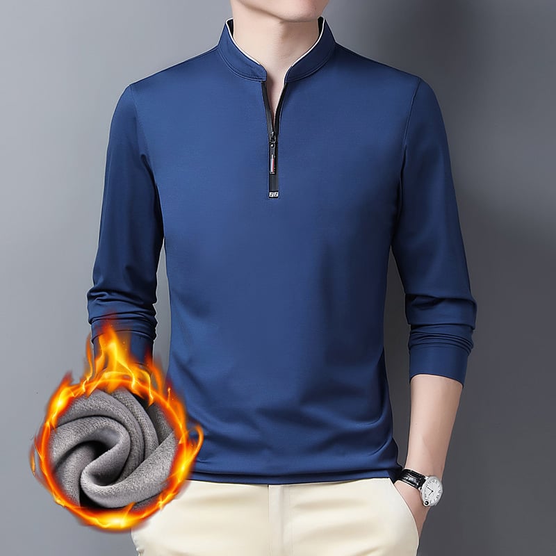 Ανδρική T-shirt με σταθερό γιακά, μακριά μανίκια, επένδυση φλίς, χειμωνιάτικη, στενή γραμμή, βαμβακοπολυεστέρα ύφασμα