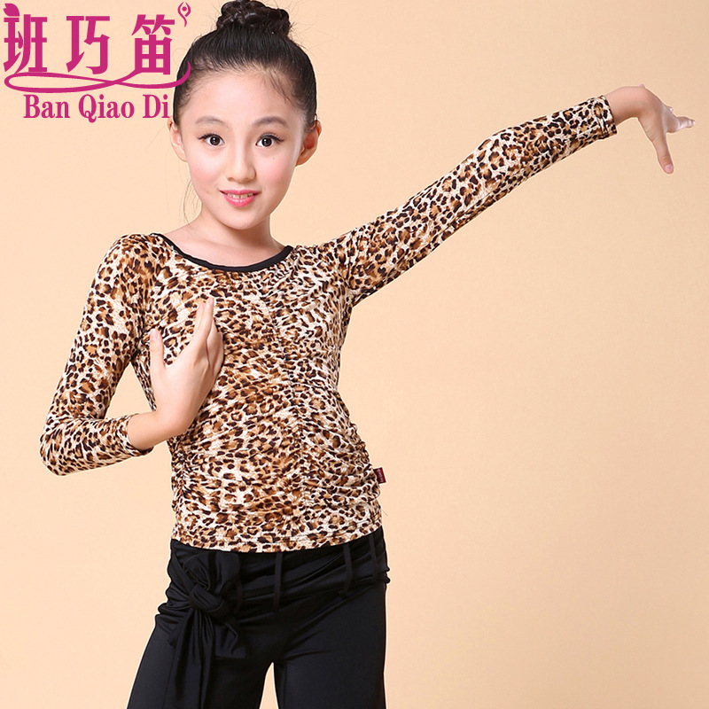 Leopard print latinska plesna set za djevojčice, top s dugim rukavima i široke hlače, proljeće‑jesen nastup, materijal: nylon ice yarn (85% nylon)