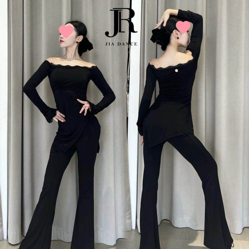 Latino šokių treniruotės komplektas su nėrinių apdaila, vienas pečius, ilgomis rankovėmis, krūties pagalvėlė; 2025 pavasaris; TR audinys; poliesteris 30–50%; Kinų stilius; Literatūrinis retro