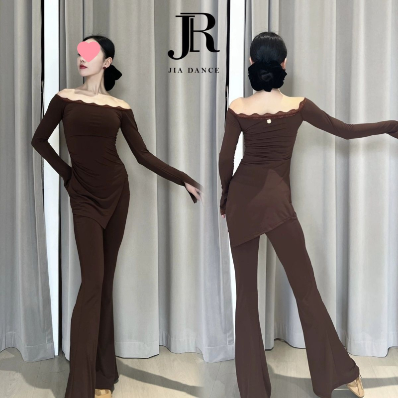 Latino šokių treniruotės komplektas su nėrinių apdaila, vienas pečius, ilgomis rankovėmis, krūties pagalvėlė; 2025 pavasaris; TR audinys; poliesteris 30–50%; Kinų stilius; Literatūrinis retro