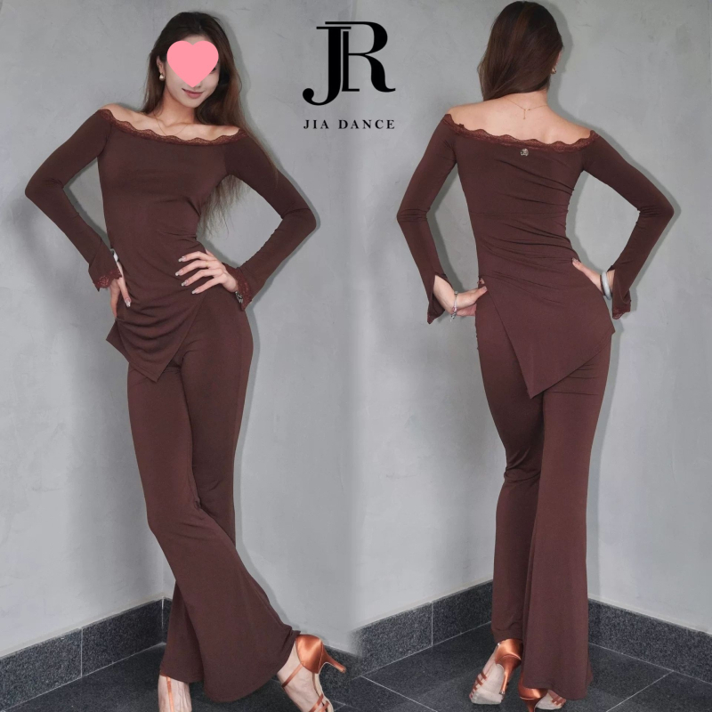 Latino šokių treniruotės komplektas su nėrinių apdaila, vienas pečius, ilgomis rankovėmis, krūties pagalvėlė; 2025 pavasaris; TR audinys; poliesteris 30–50%; Kinų stilius; Literatūrinis retro