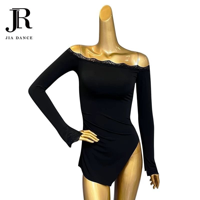 Latino šokių treniruotės komplektas su nėrinių apdaila, vienas pečius, ilgomis rankovėmis, krūties pagalvėlė; 2025 pavasaris; TR audinys; poliesteris 30–50%; Kinų stilius; Literatūrinis retro