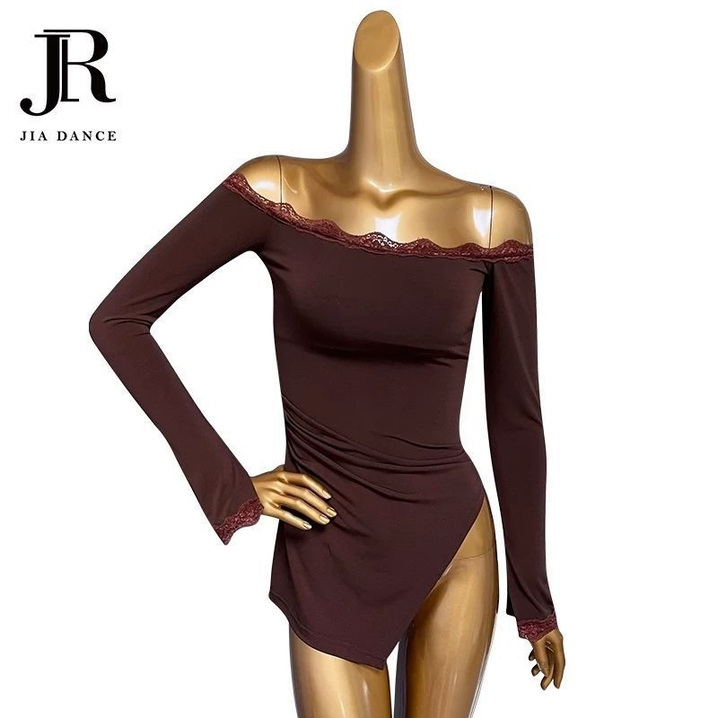 Latino šokių treniruotės komplektas su nėrinių apdaila, vienas pečius, ilgomis rankovėmis, krūties pagalvėlė; 2025 pavasaris; TR audinys; poliesteris 30–50%; Kinų stilius; Literatūrinis retro