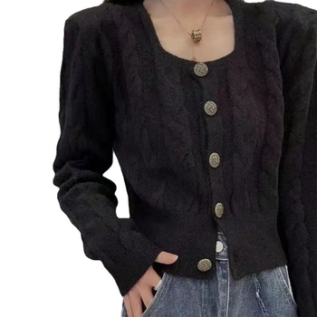 Korejski stil twist kardigan s kvadratnim ovratnikom, vuneno-nylon smjesa, uobičajena debljina, dugi rukavi