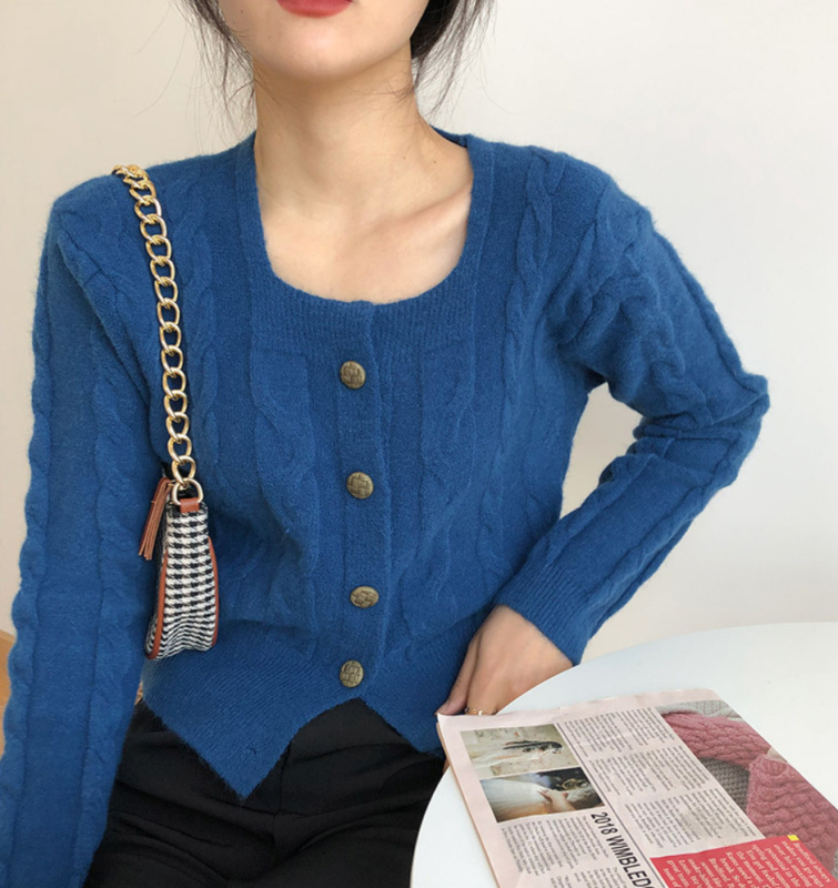 Korejski stil twist kardigan s kvadratnim ovratnikom, vuneno-nylon smjesa, uobičajena debljina, dugi rukavi