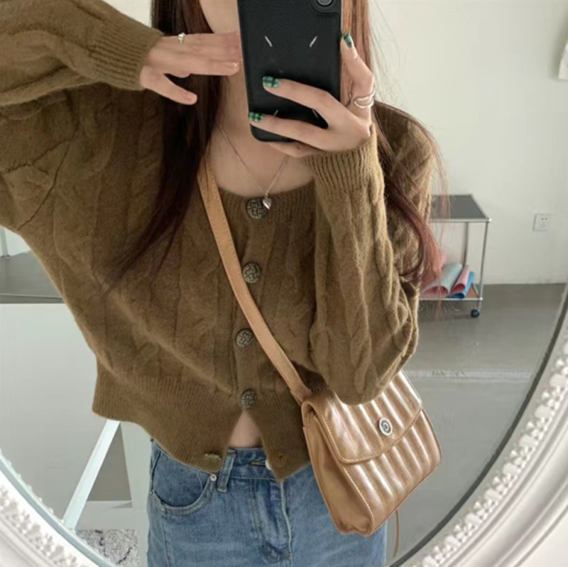 Korejski stil twist kardigan s kvadratnim ovratnikom, vuneno-nylon smjesa, uobičajena debljina, dugi rukavi