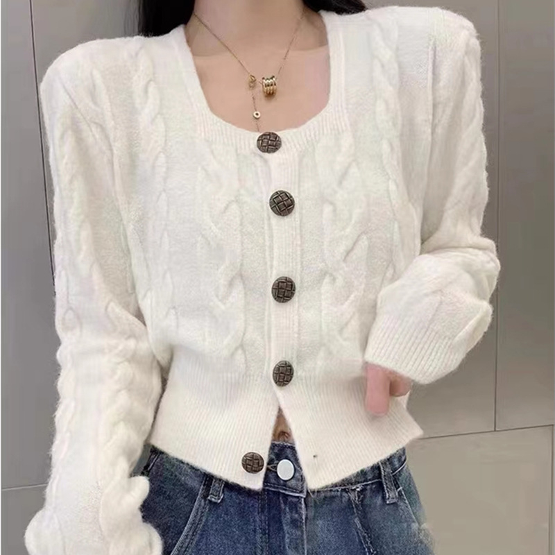 Korejski stil twist kardigan s kvadratnim ovratnikom, vuneno-nylon smjesa, uobičajena debljina, dugi rukavi